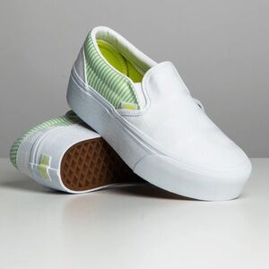 Vans White and Green Women's Slip-On Sneakers